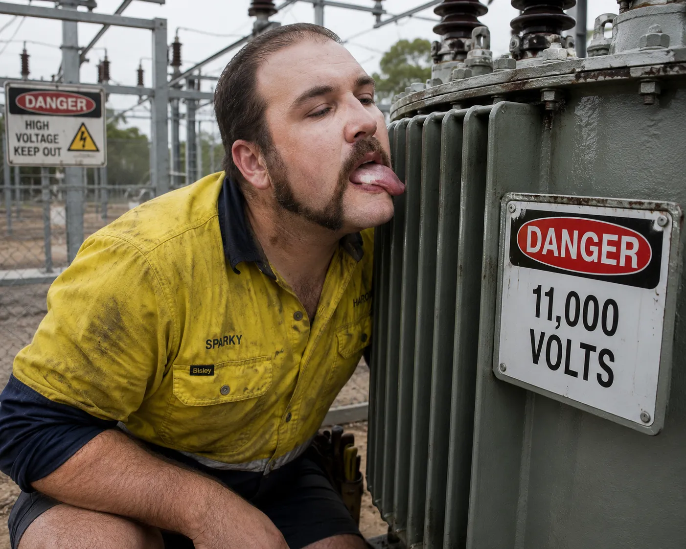 An electrical worker leaning toward an 11,000-volt transformer despite the danger signs